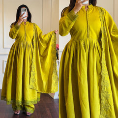 Olive Lime Green High-Neck Flared Anarkali Set with Scallop Dupatta