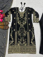 Luxury Black Velvet Embroidered Salwar Suit with Organza Dupatta - Festive Party Wear 3-Piece Set