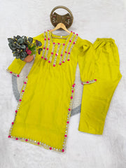 Elegant Lime Yellow mirror and pom-pom embroidered ethnic set, perfect for festive wear
