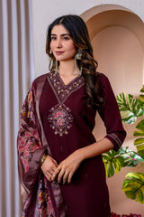 Elegant Wine Silk Blend Embroidered Kurta Set with Digital Printed Organza Dupatta