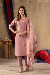 Dusty Rose Straight Kurta Pant Set with Heavy Neck Embroidery & Digital Print Dupatta