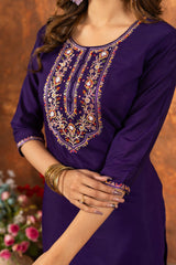 Festive Wear Royal Purple Kurta & Pant Set with Rich Zari Work Dupatta