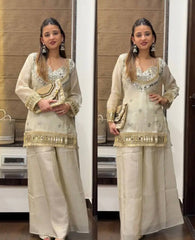 Off-White Mirror Work Georgette Sharara Set with Heavy Gota Patti Border
