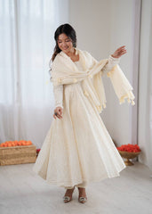 Off-White Lakhnavi Chikankari Anarkali Suit with Tasseled Dupatta