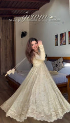 Designer Off-White Long Gown Style Suit with Scalloped Border Dupatta