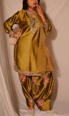 Designer Olive Green Sharara Set – Heavy Zari Neck Work & Floral Patchwork Ethnic Wear