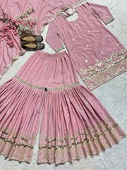 Light Pink Designer Kurti with Flared Sharara and Heavy Work Dupatta