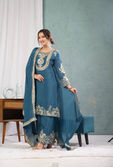 Premium Prussian Blue Silk Embroidery Kurta Set with Dupatta & Pant
