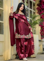 Premium Maroon Silk Kurta Sharara with Floral Embroidery