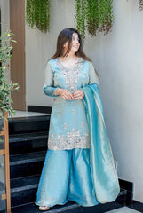 Luxury Blue Embroidered Sharara Suit with Metallic Silk Dupatta