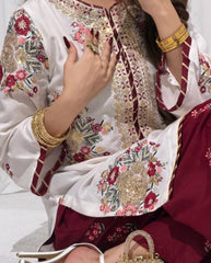 Elegant White Embroidered Kurta with Contrast Maroon Floral Palazzo Set