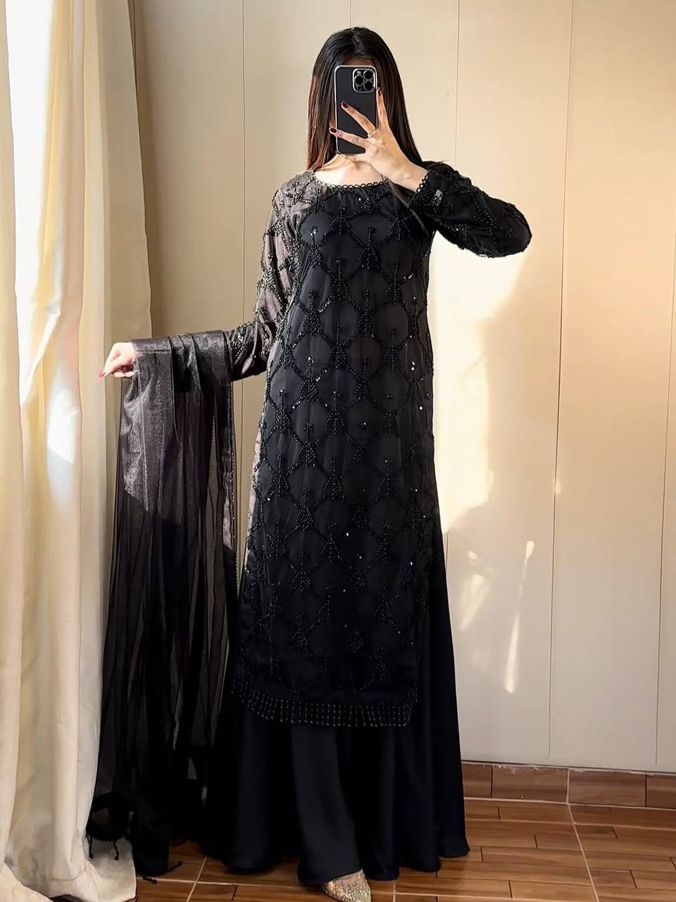 Designer Black 3-Piece Salwar Kameez - Heavily Embroidered Kurta with Flared Palazzo