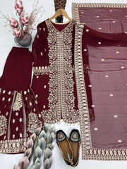 Royal Maroon Georgette Sharara Set with Heavy Antique Gold Embroidery