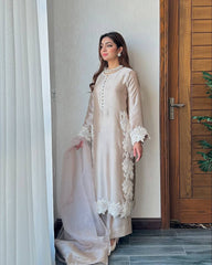 Champagne Silk Embroidered Luxury Suit Set