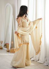 Champagne Gold Short Kurti with Flared Sharara & Tassel Dupatta Set