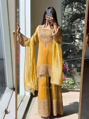Premium Mustard Yellow Embroidered Georgette Sharara Set with Heavy Work Kurti & Latkan Details