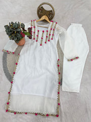 Elegant White Long Kurta with Pink Pom-Pom Detailing & Golden Gota Patti Lace Work