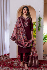 Elegant Wine Silk Blend Embroidered Kurta Set with Digital Printed Organza Dupatta