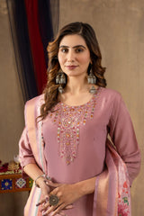 Dusty Rose Straight Kurta Pant Set with Heavy Neck Embroidery & Digital Print Dupatta