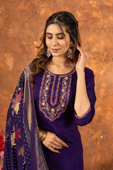 Festive Wear Royal Purple Kurta & Pant Set with Rich Zari Work Dupatta