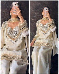 Off-White Mirror Work Georgette Sharara Set with Heavy Gota Patti Border