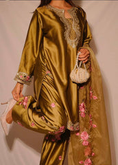 Designer Olive Green Sharara Set – Heavy Zari Neck Work & Floral Patchwork Ethnic Wear