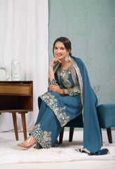 Premium Prussian Blue Silk Embroidery Kurta Set with Dupatta & Pant