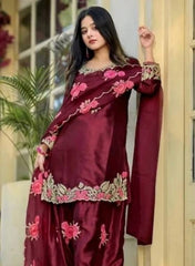 Premium Maroon Silk Kurta Sharara with Floral Embroidery