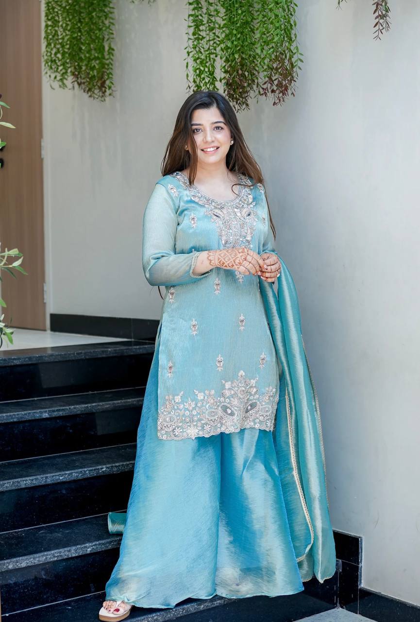 Luxury Blue Embroidered Sharara Suit with Metallic Silk Dupatta