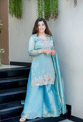 Luxury Blue Embroidered Sharara Suit with Metallic Silk Dupatta