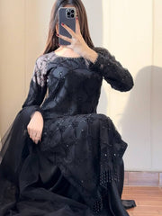 Designer Black 3-Piece Salwar Kameez - Heavily Embroidered Kurta with Flared Palazzo