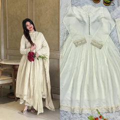 Ivory White Pleated Anarkali Suit with Lace Embroidery (Set of 3)