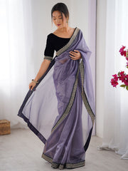 Lavender Shimmer Organza Saree with Contrast Black Velvet Embroidered Blouse
