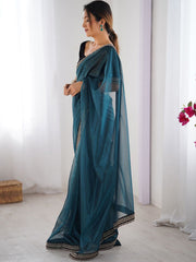 Midnight Teal Organza Saree with Embroidered Velvet Blouse Piece