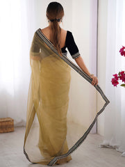 Champagne Gold Organza Saree with Embroidered Border & Velvet Blouse Piece
